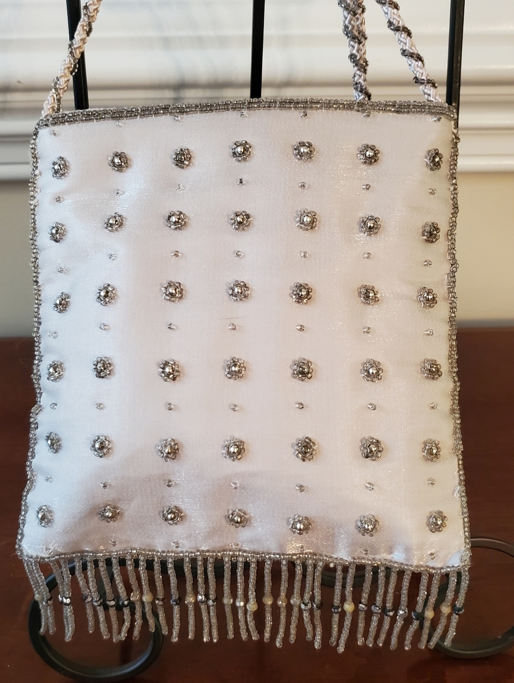 Vtg - La Regale - Silver White - Satin - Beaded Fringe Purse